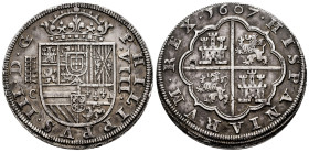 Philip III (1598-1621). 8 reales. 1607. Segovia. C. (Cal-939). (Jarabo-Sanahuja-B260). Ag. 26,56 g. Aqueduct with two rows of ive arches. Punch mark o...