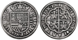 Philip III (1598-1621). 8 reales. 1613. Segovia. AR/C. (Cal-944 var). (Jarabo-Sanahuja-B270 var). Ag. 26,31 g. Rectified assayer mark. Aqueduct with 2...
