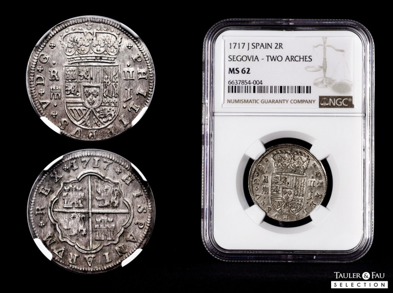 Philip V (1700-1746). 2 reales. 1717. Segovia. J. (Cal-944). Ag. 5,85 g. Aqueduc...