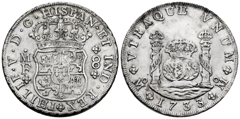 Philip V (1700-1746). 8 reales. 1733. Mexico. MF. (Cal-1439). Ag. 26,96 g. Well ...