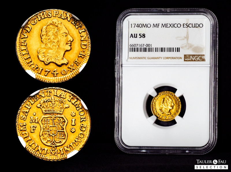 Philip V (1700-1746). 1 escudo. 1740. Mexico. MF. (Cal-1759). Au. Gorgeous speci...