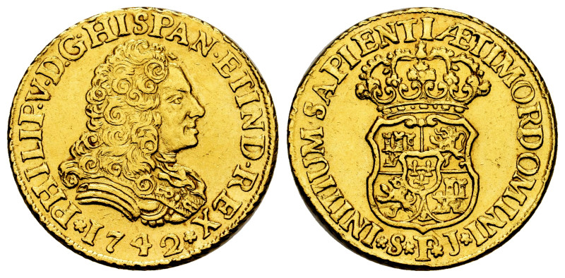 Philip V (1700-1746). 2 escudos. 1742. Sevilla. PJ. (Cal-1995). Au. 6,70 g. With...