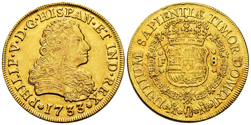 Philip V (1700-1746). 8 escudos. 1733. Mexico. F. (Cal-2229). (Cal onza-422). (K...