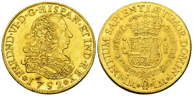 Ferdinand VI (1746-1759). 8 escudos. 1752. Lima. J. (Cal-765). (Cal-578). Au. 27,00 g. Scrachtes on the forehead. Soft cleaning and some luster. Rare....