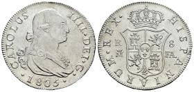 Charles IV (1788-1808). 8 reales. 1805. Madrid. FA. (Cal-943). Ag. 26,96 g. Original luster. Scarce in this condition. XF/AU. Est...1200,00. 

Spani...