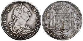 Charles IV (1788-1808). 8 reales. 1790. Santiago. DA. (Cal-1017). Ag. 26,77 g. Bust of Charles III and Ordinal IV. Slight patina. Obverse slightly cle...