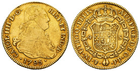 Charles IV (1788-1808). 4 escudos. 1795. Potosi. PP. (Cal-1526). Au. 13,42 g. Two scratches on obverse. Very rare. VF/Choice VF. Est...1000,00. 

Sp...