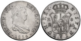 Ferdinand VII (1808-1833). 8 reales. 1824. Madrid. AJ/GJ. (Cal-1277). Ag. 27,12 g. Rectified assayers marks. Soft tone. Rare. Almost XF. Est...500,00....