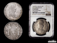 Ferdinand VII (1808-1833). 8 reales. 1825. Potosi. JL. (Cal-1395). (Cy-unlisted). (Km-as "rare"). Ag. 26,90 g. No pomegranate nor fleur-de-lis on the ...