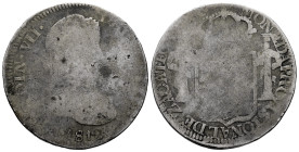 Ferdinand VII (1808-1833). 8 reales. 1812. Zacatecas. (Cal-1450). Ag. 26,42 g. "Moneda Provisional". Armored bust. Typical crude manufacture, but with...