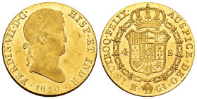 Ferdinand VII (1808-1833). 4 escudos. 1820. Madrid. GJ. (Cal-1716). Au. 13,49 g. Minimal hairlines on obverse. Plenty of original luster. Rare in this...