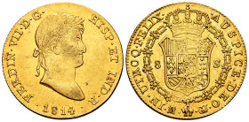 Ferdinand VII (1808-1833). 8 escudos. 1814. Madrid. GJ. (Cal-1769). (Cal onza-1234). Au. 27,08 g. Dot after FELIX and before AUSPICE. Surface hairline...