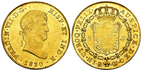Ferdinand VII (1808-1833). 8 escudos. 1820. Madrid. GJ. (Cal-1776). (Cal onza-1241). Au. 27,08 g. Weak strike on the shield. Minor contact marks. Orig...