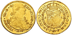 Ferdinand VII (1808-1833). 8 escudos. 1818. Popayan. FM. (Cal-1823). (Cal onza-1300). (Restrepo-128-31). Au. 26,92 g. Bust of Charles IV. Original lus...