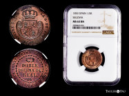 Elizabeth II (1833-1868). "Doble decima de real". 1853. Segovia. (Cal-148). Ae. Slabbed by NGC as MS 63 BN. It retains some minor luster. Rare, even m...