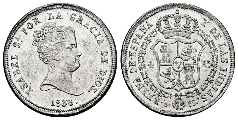 Elizabeth II (1833-1868). 4 reales. 1836. Barcelona. PS. (Cal-410). Ag. 5,94 g. ...