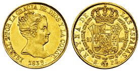 Elizabeth II (1833-1868). 80 reales. 1839. Barcelona. PS. (Cal-704). Au. 6,71 g. Original luster. Rare in this condition. Almost MS. Est...700,00. 
...