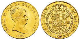 Elizabeth II (1833-1868). 80 reales. 1835. Madrid. CR. (Cal-720). Au. 6,75 g. Hairline on reverse. Plenty of original luster. Rare in this condition. ...