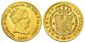 Elizabeth II (1833-1868). 80 reales. 1845. Madrid. CL. (Cal-732). Au. 6,71 g. Original luster. Rare in this condition. Mint state/FDC. Est...900,00. ...