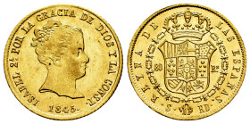 Elizabeth II (1833-1868). 80 reales. 1845. Sevilla. RD. (Cal-751). Au. 6,79 g. Plenty of original luster. Minimal hairlines. Very rare in this conditi...