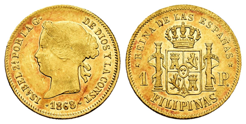 Elizabeth II (1833-1868). 1 peso. 1868. Manila. (Cal-833). Au. 1,65 g. Faint scr...