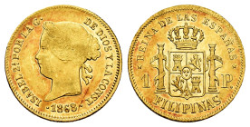 Elizabeth II (1833-1868). 1 peso. 1868. Manila. (Cal-833). Au. 1,65 g. Faint scratches. Original luster. Scarce in this grade. Almost XF. Est...400,00...
