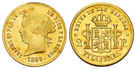 Elizabeth II (1833-1868). 2 pesos. 1864/2. Manila. (Cal-843). Au. 3,37 g. Overdate. Original luster. Almost XF. Est...250,00. 

Spanish Description:...