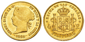 Elizabeth II (1833-1868). 4 pesos. 1868/58. Manila. (Cal-864). Au. 6,82 g. Original luster. Overdate. XF. Est...600,00. 

Spanish Description: Isabe...