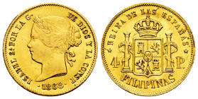 Elizabeth II (1833-1868). 4 pesos. 1868. Manila. (Cal-865). Au. 6,79 g. Original luster. XF. Est...700,00. 

Spanish Description: Isabel II (1833-18...