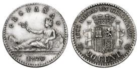 Provisional Government (1868-1871). 20 cents. 1870*7-0. Madrid. SNM. (Cal-12). Ag. 1,00 g. Light wavy flan. Some original luster remaining. Very scarc...