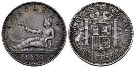 Provisional Government (1868-1871). 1 peseta. 1869*18-69. Madrid. SNM. (Cal-17). Ag. 4,99 g. Legend ESPAÑA. Beautiful old cabinet tone. Rare in this c...