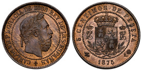 Carlos VII (1872-1876). 5 centimos. 1875. Oñate. (Cal-2). Ae. 6,04 g. Original luster. Gorgeous specimen. Mint state. Est...300,00. 

Spanish Descri...