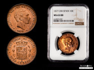 Alfonso XII (1874-1885). 10 centimos. 1877. Barcelona. (Cal-8). Ae. 9,94 g. Plenty of original luster. Rare in this condition. Slabbed by NGC as MS 65...
