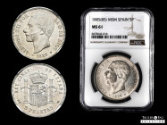 Alfonso XII (1874-1885). 5 pesetas. 1885*18-85. Madrid. MSM. (Cal-60). Ag. Slabbed by NGC as MS 61. Original luster. NGC-MS. Est...500,00. 

Spanish...