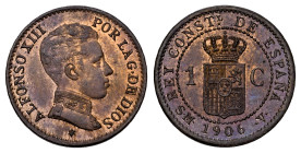Alfonso XIII (1886-1931). 1 centimo. 1906*6. Madrid. SMV. (Cal-1). Ae. 1,00 g. Original luster. Beautiful patina. Rare, even more so in this grade. Mi...