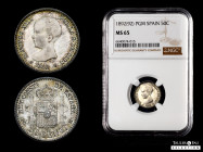 Alfonso XIII (1886-1931). 50 centimos. 1892*9-2. Madrid. PGM. (Cal-38). Ag. 2,46 g. Original luster. Attractive tone. Slabbed by NGC as MS 65. Only 2 ...