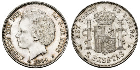 Alfonso XIII (1886-1931). 2 pesetas. 1894*18-94. Madrid. PGV. (Cal-86). Ag. 10,00 g. Pleasant color and appearence. Original luster. Rare in this cond...