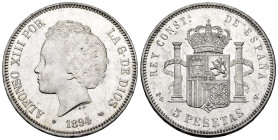 Alfonso XIII (1886-1931). 5 pesetas. 1894*18-94. Madrid. PGV. (Cal-104). Ag. 25,01 g. Plenty of original luster. Minimal hairlines. Attractive. Rare i...