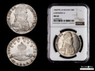 Bolivia. 8 soles. 1840. Potosi. LR. (Km-97). Au. Scarcer variety with 4 over inverted 4 in date. Original luster. Slabbed by NGC as MS 62. (Top Pop), ...
