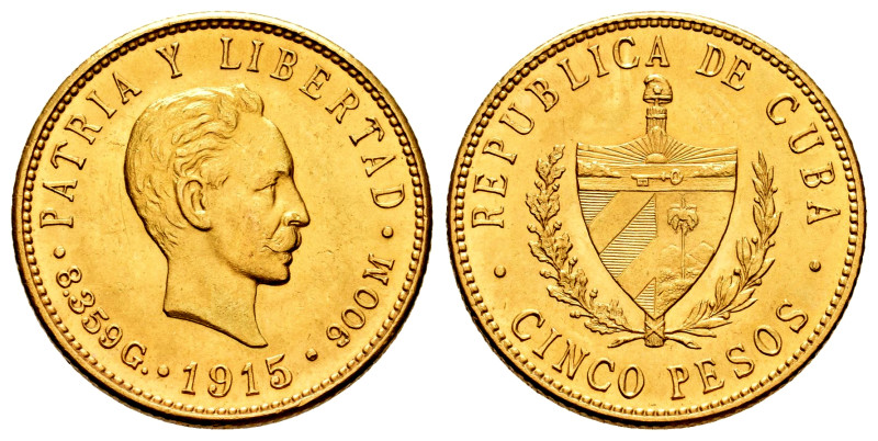 Cuba. 5 pesos. 1915. Philadelphia. (Km-19). (Fried-4). Au. 8,35 g. Brillo origin...