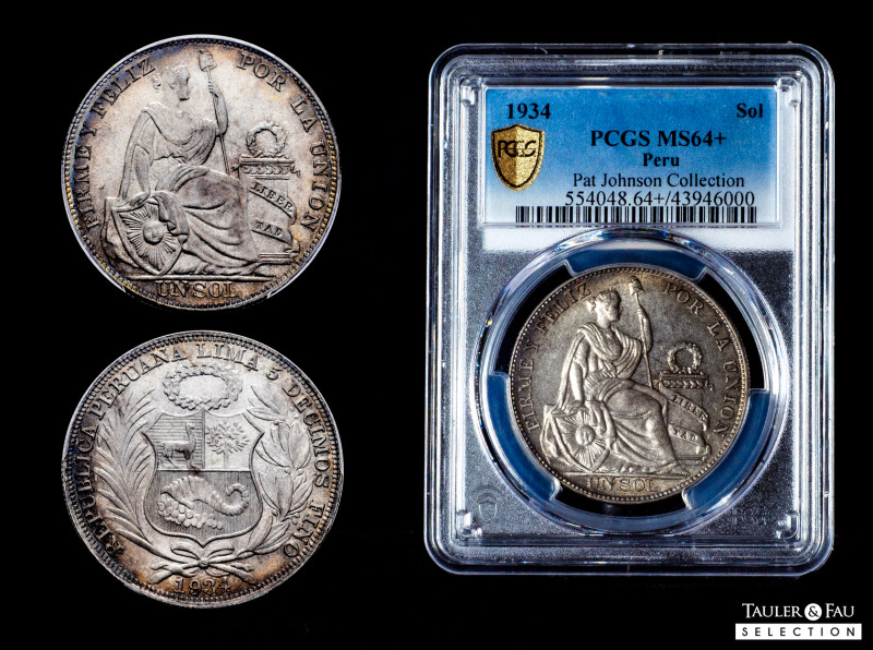 Peru. 1 sol. 1934. Lima. (Km-218.2). Ag. Slabbed by PCGS as MS 64+. This enchant...