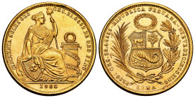 Peru. 50 soles. 1964/3. Lima. (Km-230). Au. 23,37 g. Mintage: 2425. Overdate. Plenty luster. A tad scarcer overdate variety for this uncommon date, co...