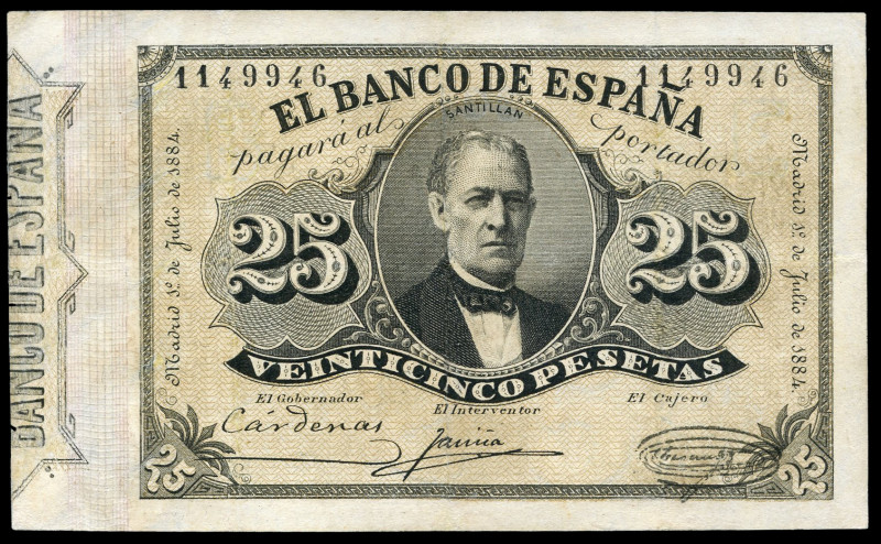 25 pesetas. 1884. (Ed-287). July 1st, Ramón de Santillán. Multiple paper repairs...