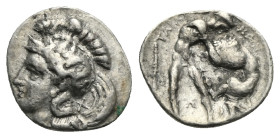 CALABRIA. Tarentum, circa 380-325 BC. Diobol (Silver, 13.60 mm, 1.12 g) Head of Athena left, wearing long crested attic helmet decorated with Skylla t...