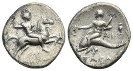 CALABRIA. Tarentum. Hippodamos magistrate, circa 272-240 BC. Didrachm (Silver, 21.80 mm, 6.35 g) [HIΠΠOΔA] in exergue. Warrior on horseback galloping ...