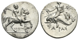 CALABRIA. Tarentum. Punic occupation, circa 215-207 BC. Sokannas magistrate. Half Shekel (Silver, 19.20 mm, 3.67 g) ΣΩKAN NAΣ Cuirassed and helmeted w...