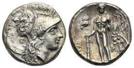 LUCANIA. Herakleia. Circa 281-278 BC. Stater (Silver, 20.00 mm, 7.73 g). ˫ΗΡΑΚΛΗΙΩΝ Head of Athena to right, wearing Corinthian helmet adorned with Sk...