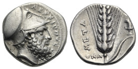LUCANIA. Metapontum. Circa 340-330 BC. Nomos (Silver, 20.00 mm, 7.48 g). ΛEYKIΠΠOΣ Bearded head of Leukippos to right, wearing corinthian helmet; ligh...