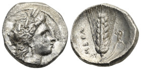 LUCANIA. Metapontum. Circa 330-290 BC. Nomos (Silver, 21.0mm, 7.72 g). Head of Demeter to right, wearing triple pendant earring and a grain wreath. Re...