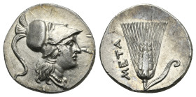 LUCANIA, Metapontum. Hannibalic occupation. Circa 215-207 BC. Half Shekel (Silver, 18.94 mm, 4.09 g) Helmeted head of Athena right, wearing crested Co...